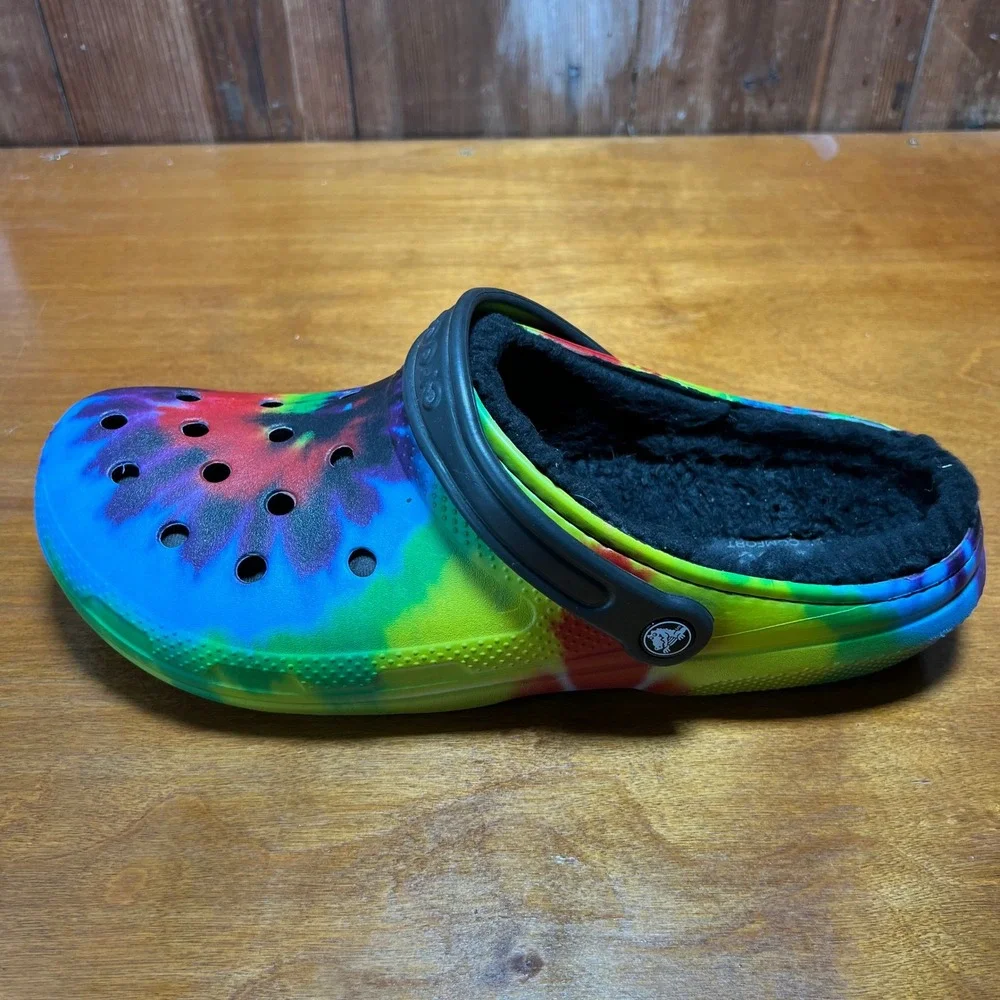 Crocs Classic Lined Clog Mens 12 Multi Tie Dye Faux Fur Lined Comfort Shoes